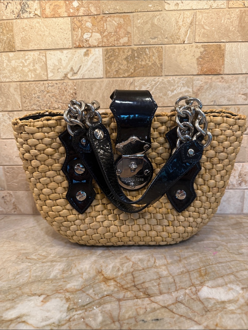 Michael Kors Natural Straw Tote with Black Patent Leather and Silver Chain